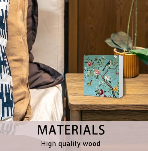 Teal Chinoiserie Floral Bird Wooden Box Sign, Cottagecore Home Decor, Vintage Elegant Oriental Blooming Flower Wood Signs for Home Bedroom Desk Table Shelf Decoration, 5x5 Inch - color: Teal Chinoiserie Floral