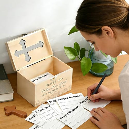 Prayer Box with Slot,100 Catholic Prayer Request Cards-Pen and Cross Jewelry Gifts,Used for Daily in Church Worship and Religious Devotions,Christian First Communion Gifts. (100)