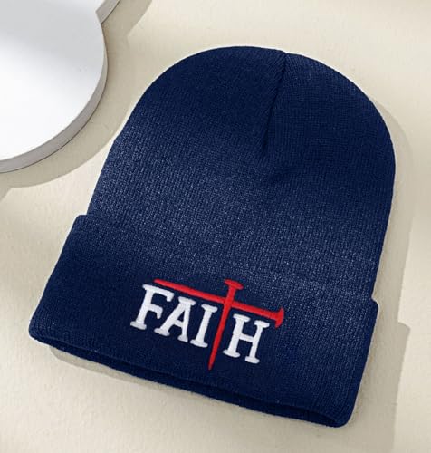 Christian Jesus Cross Beanie - Faith Winter Beanie Hats for Men Women - Religious Gifts for Christmas & New Years - color: Faith-red Cross/Navy Blue
