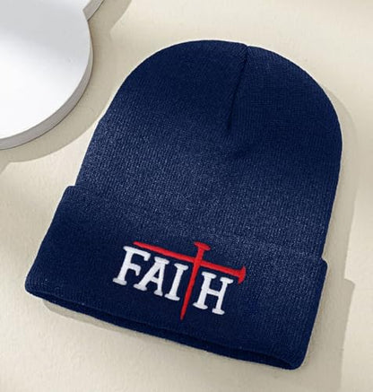 Christian Jesus Cross Beanie - Faith Winter Beanie Hats for Men Women - Religious Gifts for Christmas & New Years - color: Faith-red Cross/Navy Blue
