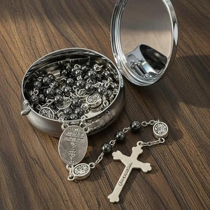 Nazareth Store St Michael Rosary Hematite Stone Beads Necklace Metal Beaded Glory Beads Archangel Medal & Cross with Metal Gift Box - color: Silver | Jesus Cross