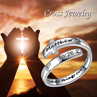 POPLYKE Cross Rings Sterling Silver Faith Adjustable Wrap Rings for Women Inspirational Jewelry Gifts - color: Silver