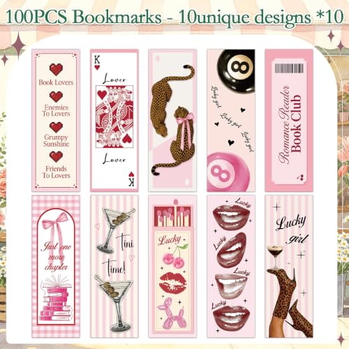 100 Pcs Pink Book Lover Bookmark Gifts Book Marks for Reading - color: Pink Book Lover