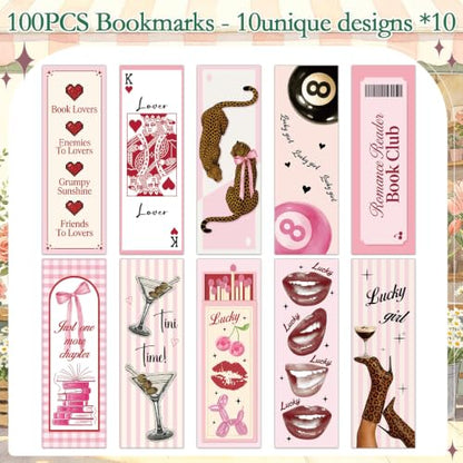 100 Pcs Pink Book Lover Bookmark Gifts Book Marks for Reading - color: Pink Book Lover