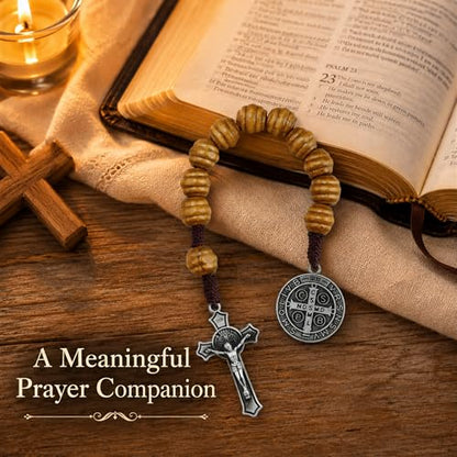 8 Inch Wooden Pocket Rosary for Men, Rosario with Saint Benedict Medal - color: Black