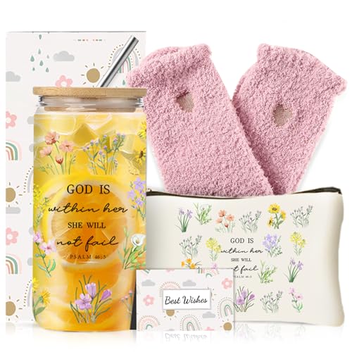 DHQH Christian Gifts for Women, 16OZ Glass Cup Gift Set with Makeup Bag, Inspirational Religious Catholic Gifts, Birthday Christmas Ideas Present for Mom Faith Lovers - style: goda is