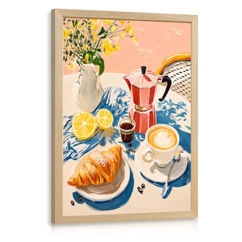 OPFDE Wood Framed Coffee Bar Wall Art, Vintage Cafe Still Life Wall Decor, Cozy Italian Breakfast Espresso Poster Print, Croissant Lemon Floral Artwork for Kitchen Dining Room Living Room 16x24 Inch - color: BreadCoffee, size: 24"L x 16"W