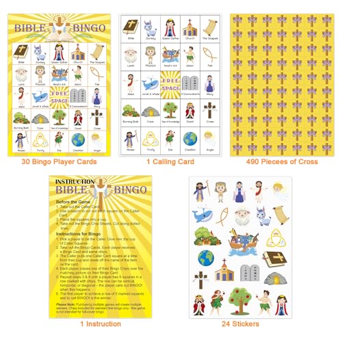 30 Players Bible Bingo Game for Kids - Vacation Sunday School Christian Church Game - Activities Easter Gifts Family Open Day Supplies - color: Bible