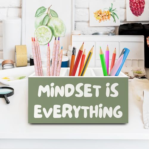 Green Inspirational Pen Pencil Holder Organizer for Desk, Inspirational Gifts for Women, Mindset Is Everything Motivational Wooden Box Sign for Home Office Desk Tabletop Decorations - color: colour24