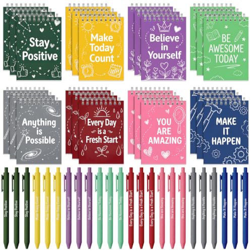Sprial Notebooks with Pens Bulk, 48 Pack, 5.5 x 4.7 Inch, Art - color: Blackboard Doodle Motivational