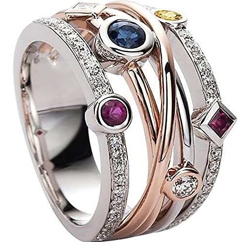 925 Sterling Silver Womens Shiny Full Diamond Ring Geometric Colorful Gemstone Cubic Zirconia Ring Multi Row Cross Hip hop Ring Eternity Engagement Wedding Band Ring for Women HM012 (9) - size: 9