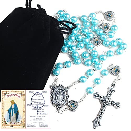 HanlinCC Catholic Miraculous Rosary Glass Pearl Beads Pray Card & Gift Bag - color: Blue