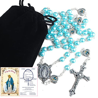 HanlinCC Catholic Miraculous Rosary Glass Pearl Beads Pray Card & Gift Bag - color: Blue