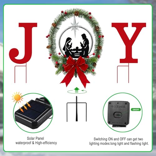 3Pack Solar Lights Christmas Joy Sign,Metal Nativity Scene Outdoor Garden - color: Red-joy