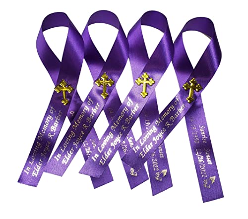 Personalized Memorial Service Funeral Ribbon Pins 20 Cross Religious Celebration of Life Custom Made Awareness Remembrance Anniversary Death Cross Sympathy Name Angel - color: purple