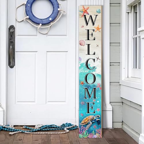 Sea Turtle Welcome Sign for Front Door, Summer Porch Sign Beach Decor Yard Sign for Outdoor Standing Wood Door Sign for Garden Tall Seasonal Welcome Vertical Signs for Patio Wall Home - color: Sea Turtle