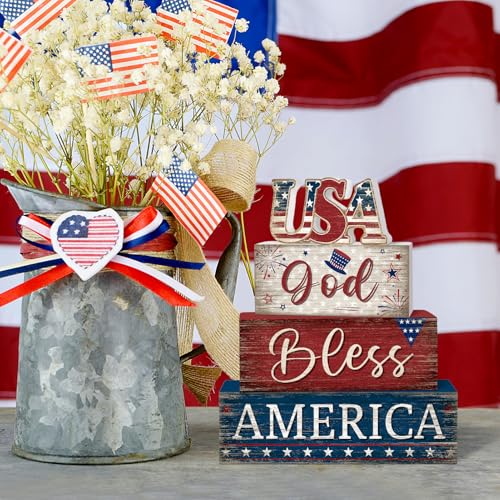 Britimes Tiered Tray Decor Set, 4 Pack, Wooden, Patriotic 4th - style: Independence Day USA