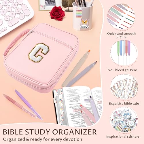 WOBAGMEN Bible Cover for Women,Pink PU Leather Personalized Bible Case with Bible Study Supplies,Including Tabs and Highlighter Set, Faith Chiristain Gift for Women Girls(Pink, C) - size: C