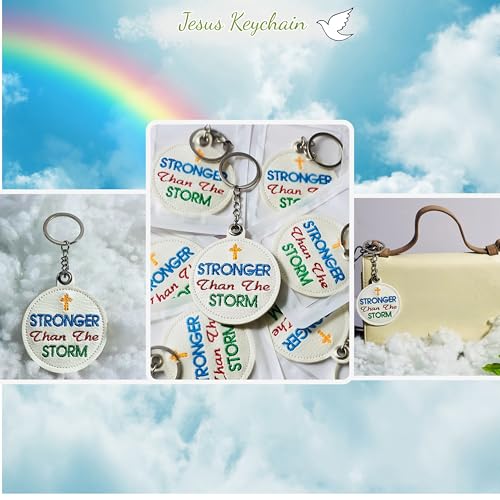 Handmade Jesus Keychain Pink PU Leather Embroidered Inspirational Quote Bag Charm, Christian Faith Keychain - color: Stronger