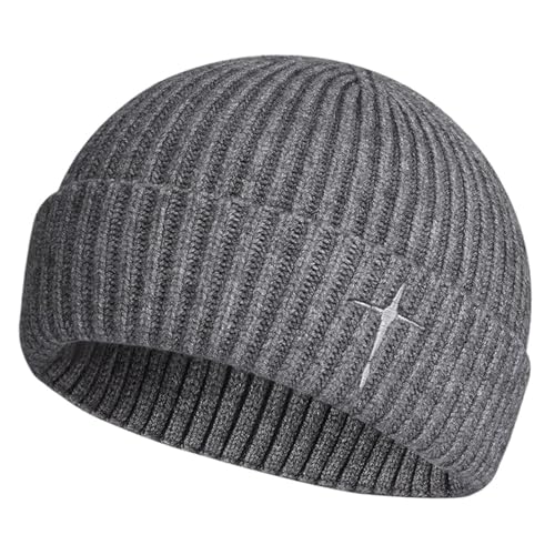 Men's Knitted Skull Cap Cross Embroidered Fisherman Beanie - color: Grey