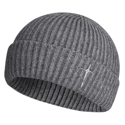 Men's Knitted Skull Cap Cross Embroidered Fisherman Beanie - color: Grey