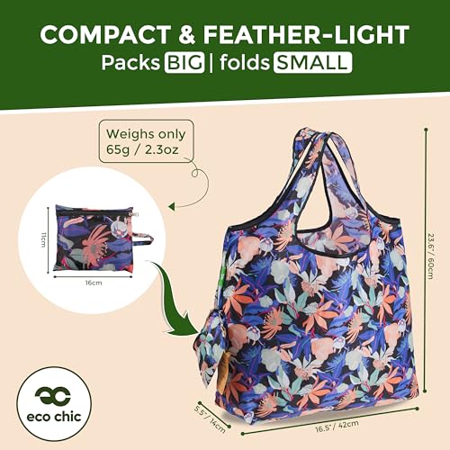 ECO CHIC Foldable Reusable Large Grocery Bags (Night Blossom) - Foldable Grocery Bags - Lightweight, Recycled & Reusable Shopping Bag - Waterproof, Packable Tote Fitting in Fine Grocery Bag Carrier - color: Night Blossom