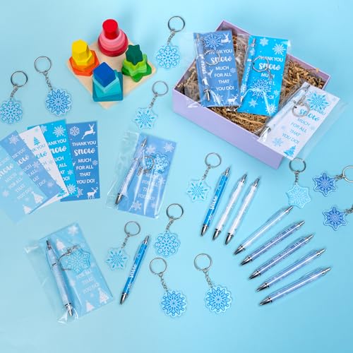 ANGOLIO Winter Snowflake Gifts Bulk 230Pcs Winter Snowflake Bookmarks Ballpoint Pens Keychains Employee Christmas Appreciation Gifts, Classroom Office Home Party Supplies Thank You Gift for Kid Adult - style: Winter Smowflake