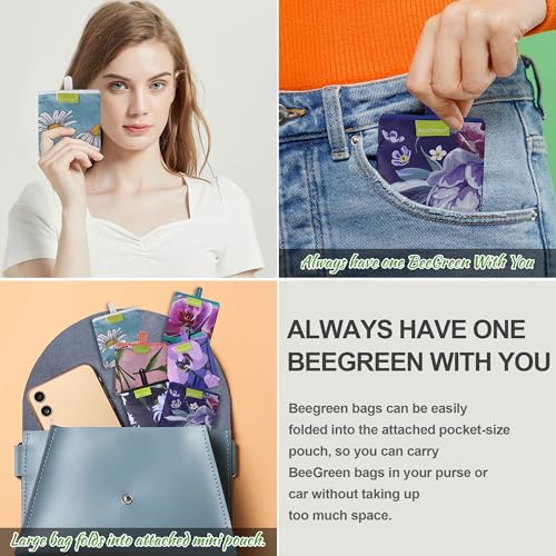 BeeGreen Flower Reusable Shopping Bags Cute Grocery Bag 6 Pack, Christmas Gift Bags Heavy-Duty Foldable Shopping Totes for Supermarket, Work & Travel, Large Washable Polyester Tote Bag with Handles - color: Purple, Yellow, Red