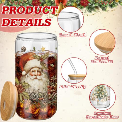 Teenyyou 12 Sets of Christmas Glasses Cups with Bamboo Lid and Glass Straw 16 oz Vintage Christmas Glass Jar Winter Drinking Cups Santa Snowman Elk Coffee Cup for Women Men Xmas Holiday Party Gifts - style: Retro Christmas