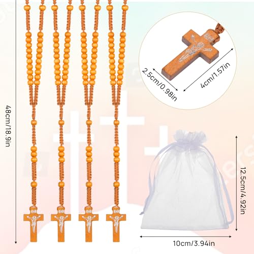 48 Pcs Wooden Rosary Beads Necklace, Catholic Rosary with Jesus Cross - color: Light Brown