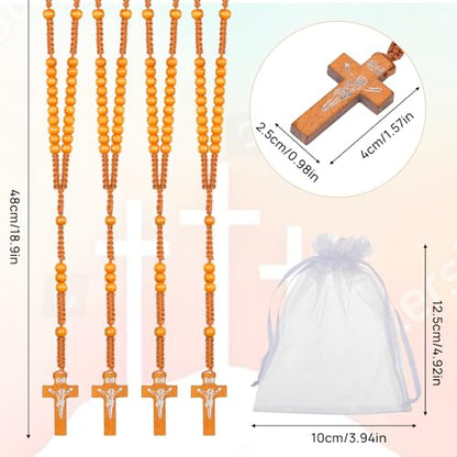 48 Pcs Wooden Rosary Beads Necklace, Catholic Rosary with Jesus Cross - color: Light Brown