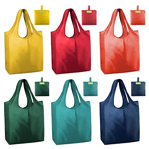 BeeGreen Foldable Travel Bag Reusable Shopping Bags for Groceries - 6 Pack Large Collapsible Bags - Lightweight Machine Washable Tote Bags - Colorful Kitchen Grocery Bags (Red, Orange, Green) - color: Yellow, Red, Orange, Green, Lake Blue, Dark Blue