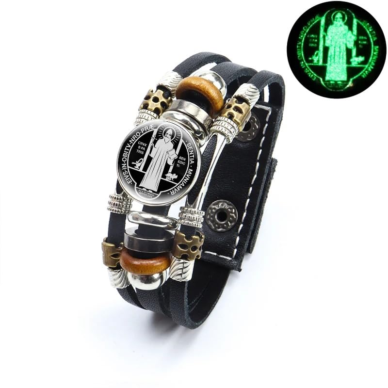 925 Sterling Silver San Benito Bracelet For Men - Luminous St Benedict Bracelets Leather Catholic San Benito Snap Button Bangles Multilayer Wristband, Rosario De San Benito, Pulseras De San Benito - color: 9 - San Benito Bracelet