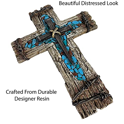 Urbalabs Western Distressed Railroad Spike Teal Barbwire Country Ranch Wall Decor 12 Christian Wall Cross Decor Marriage Gifts Tooled Wall Hanging Crosses Turquoise Gem Stone