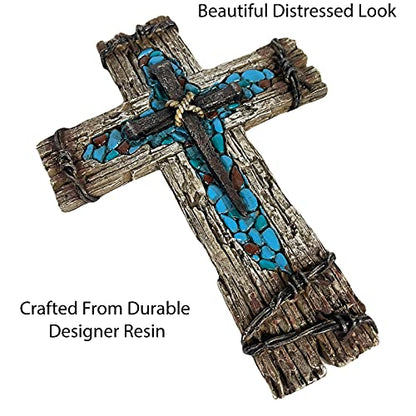 Urbalabs Western Distressed Railroad Spike Teal Barbwire Country Ranch Wall Decor 12 Christian Wall Cross Decor Marriage Gifts Tooled Wall Hanging Crosses Turquoise Gem Stone