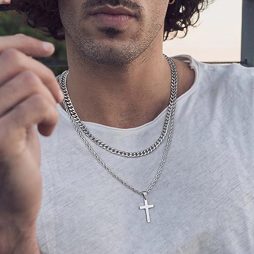 Ursteel Layered Cross Necklaces for Men - 18K Gold Plated Cross Necklaces Chain for Men Boys Gifts, Silver Rope Chain Layered Necklace Jewelry 16 18 20 22 24 Inch, First Communion Gifts for Boys - color: Silver, style: 20inch/22inch