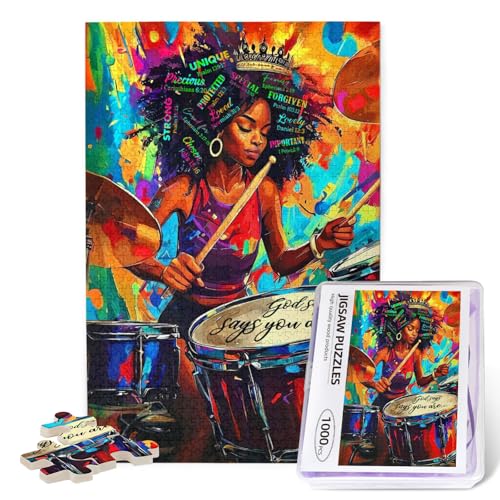 African American Jigsaw Puzzles for Adults 1000 Pieces Black Woman Playing Drums Painting Wooden Jigsaw Puzzle God Says You are Inspirational Puzzle Black Queen Puzzles for Family Friends Home Decor - color: Black Queen, size: 1000PCS