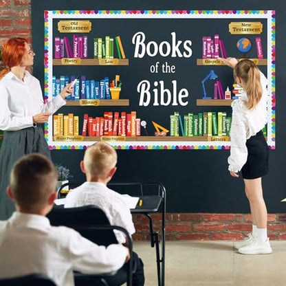 ojustbeok Books of the Bible Learning Bulletin Board Set Faith Religious Christian Back to School Classroom Bulletin Board Bible Learning Bookshelf Cutouts for Home Sunday School Wall Chalkboard Decor - style: Books of the Bible
