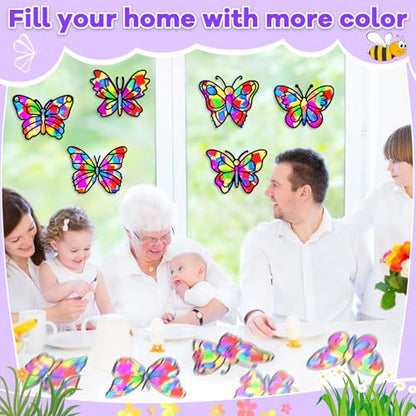 Lonfliness 32 Sets Butterfly Suncatcher Craft Kit DIY VBS Window Stain Glass Effect Paper Butterfly Sunday School Classroom Decors Spring Easter Art Craft Creative Activity Project Kid Gift Favor - style: Butterfly
