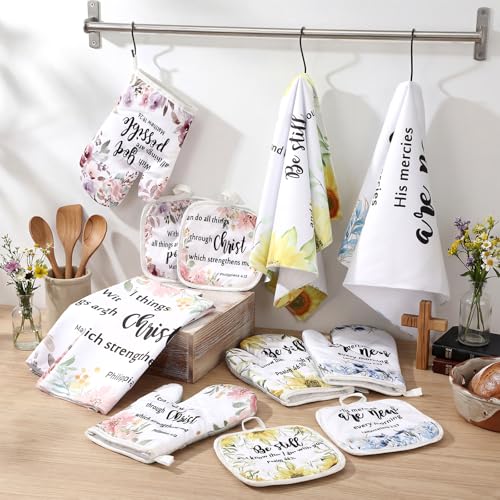 4 Set Christian Kitchen Gift for Women Towel Hot Pads Gloves