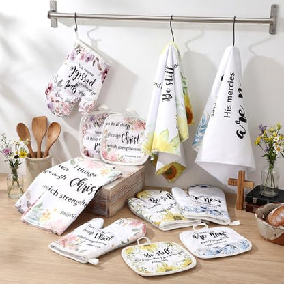 4 Set Christian Kitchen Gift for Women Towel Hot Pads Gloves