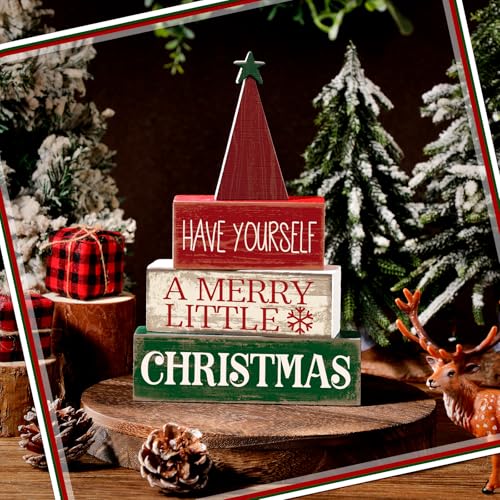 Moucuny 4 Pcs Christmas Table Decor, Wooden Red Merry Christmas Tree Signs - style: Christmas Tree