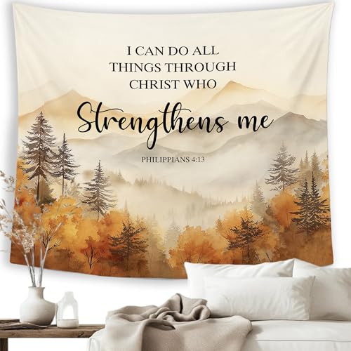 MNASAIOO Christian Fall Mountian Wall Tapestry Hanging for Bedroom, Bible Verse I Can Do All Things Tapestries,Watercolor Autumn Orange Landscape Wall Decor for Living Prayer Room Thanksgiving 50x60in - color: strengthens orange