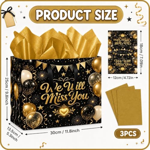 Farewell Gift Bag with Tissue Paper and Card, Black Gold Large Bag