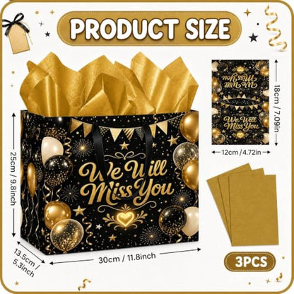 Farewell Gift Bag with Tissue Paper and Card, Black Gold Large Bag