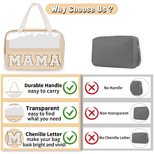 Preppy Clear Mama Makeup Bags with Chenille Letter Patches, Travel Essentials Large Clear Make up Bag Zipper Pouch with Handle, Waterproof Nylon Cosmetic Toiletry Storage Tote for Women (MAMA-Beige) - color: MAMA-Beige