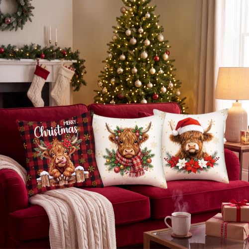 FuWeave 6 Set Christmas Pillow Covers 18 x 18 Highland Cow Pillow Case - style: Highland Cow Buffalo Plaid
