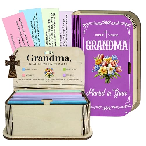 Bible Verse Box for Grandma – 150 Inspirational Scripture Cards in Wooden Box for Stress, Love, Peace & Tiredness – Christian Gift for Women - color: Grandma Bible