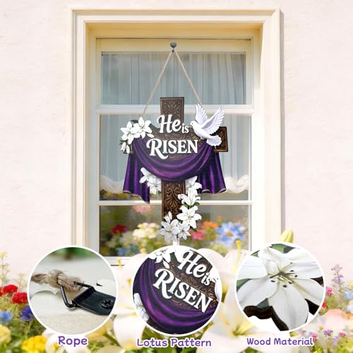 14.6 Inches Easter Door Sign He Is Risen Hanging Decor Religious Cross Sign Easter Wreaths for Front Door Christian Lily Flowers Lent Hanging Hanger for Farmhouse Front Porch
