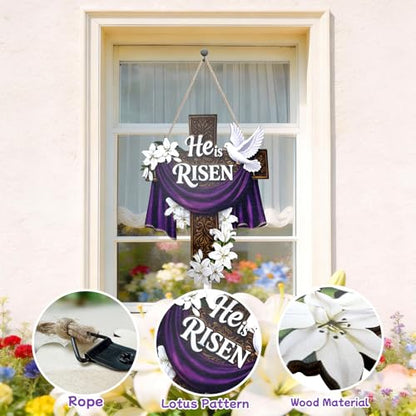 14.6 Inches Easter Door Sign He Is Risen Hanging Decor Religious Cross Sign Easter Wreaths for Front Door Christian Lily Flowers Lent Hanging Hanger for Farmhouse Front Porch